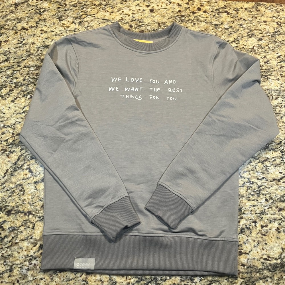 NEW Beboe Womens We Love You Graphic Sweatshirt Taupe Grey Crewneck Medium